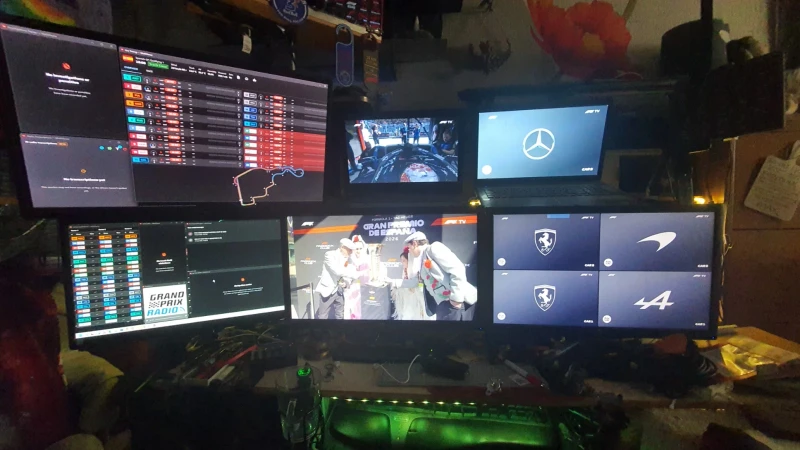 Built for watching Formula 1 with every angle covered: live timing, team radio via Grand Prix Radio, F1 TV streams split by constructor, and race broadcasts running across two desktops and two laptops. Synergy keeps one mouse and keyboard moving across all four machines without interruption.