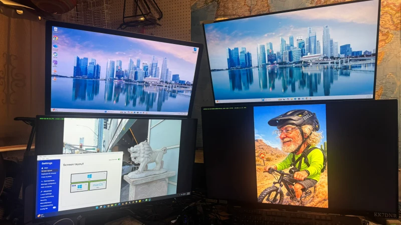 Synergy's Screen layout panel is open on the Windows machine, showing the Mac linked and ready. Three computers for home use, two Windows PCs and a Mac Mini, all sharing one mouse and keyboard without any input switching.