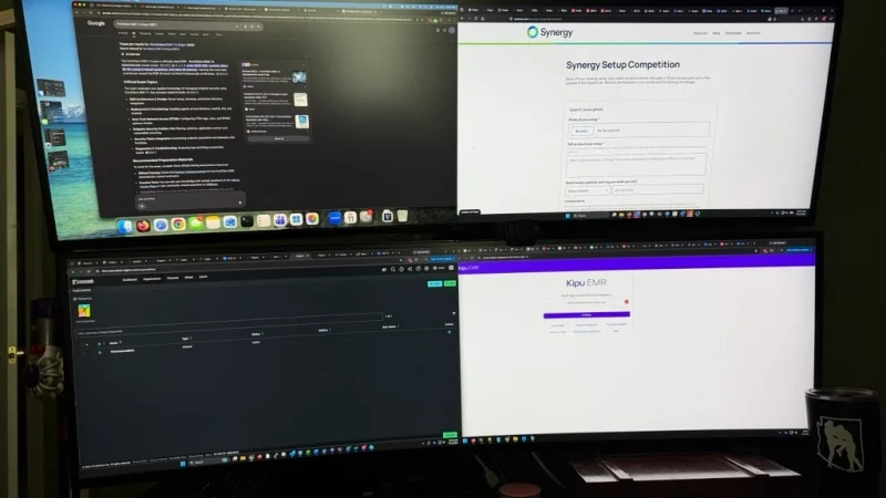 Copying text and images freely between a Mac, a Lenovo laptop, and a Windows desktop is what makes this three-machine setup feel like one. A Linux box is next in line once the bigger desk arrives. Each 49-inch display is split logically in two, running at 120Hz throughout.