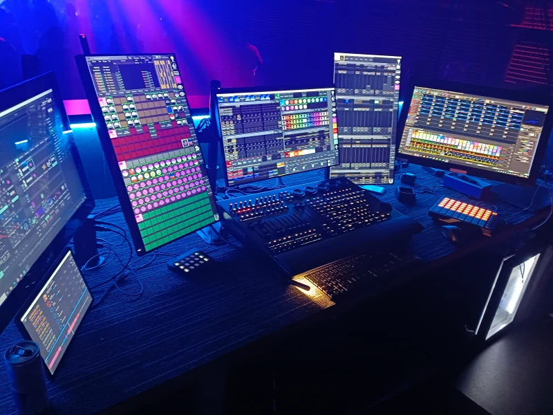 Live production control for Universal Club in Sydney, running lighting, lasers, video, and audio across five Linux and Windows machines. One mouse and keyboard reach all of them through Synergy, keeping every system within arm's reach during a show.