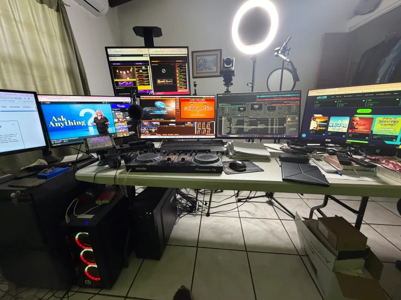 Live streaming and radio broadcasting run simultaneously here on two purpose-built machines, each handling a separate job. Synergy keeps one keyboard and mouse shared across both, so managing a broadcast and the station at the same time doesn't mean juggling two input setups.