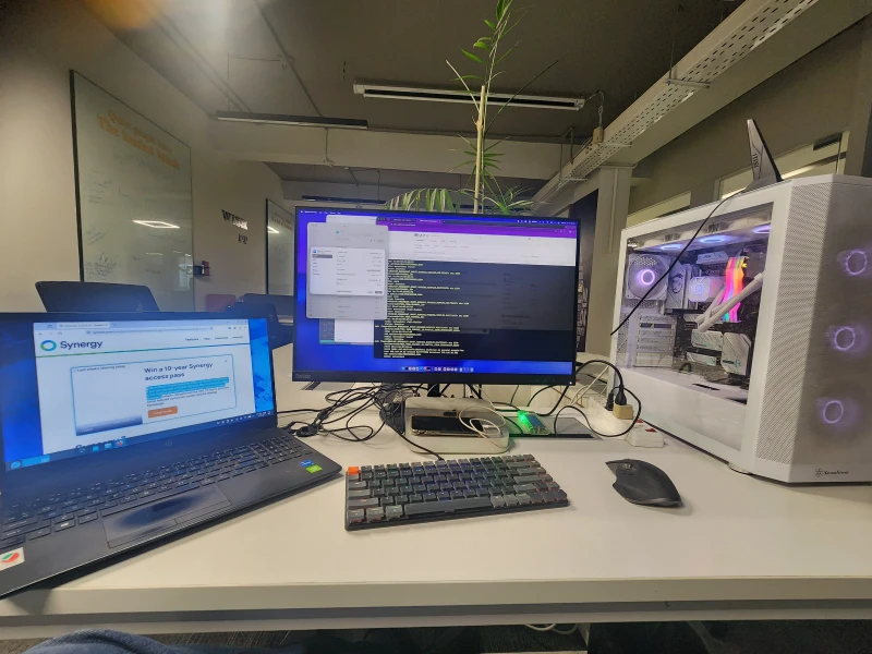 Three operating systems share one desk here: macOS on an Apple M1, Fedora Linux on the HP laptop, and Windows 11 on the PC. One keyboard and mouse moves across all three via Synergy, no switching required.