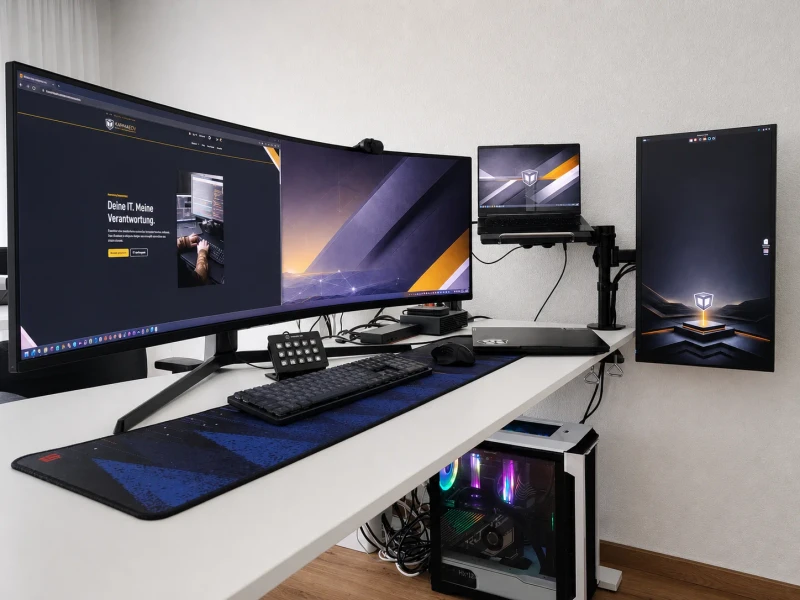 Running one PC and two laptops from a single keyboard and mouse, with the ultrawide split across sources so each machine gets its own screen space. Synergy handles the switching, keeping all three environments reachable without touching a second input device.