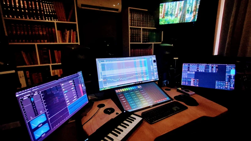 Two Macs split the production work: the M1 Mac Studio anchors the main session in Nuendo while the Intel machine runs realtime audio processes over the local network and fires complex macros via TouchOSC.