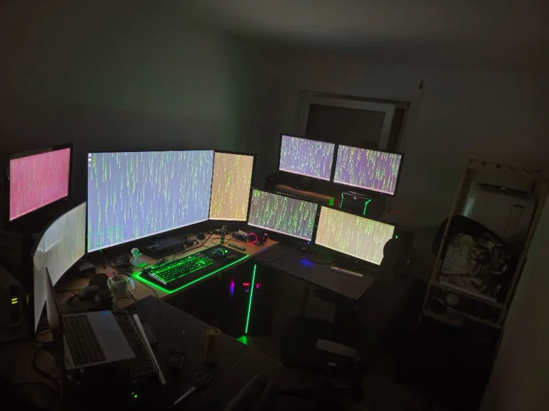 Synergy ties together three desktops and three stacked laptops here, but the workflow goes further: a second tool can extend the main machine's desktop across all connected screens on demand, pulling 12 displays plus Android tablets into one sprawling surface driven from a single rig.